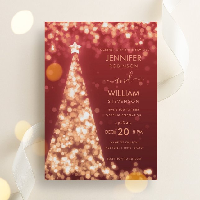 Convite Casamento de Natal de Árvore Dourada Festiva Moder (Modern Festive Gold Tree Christmas Wedding Invitation)