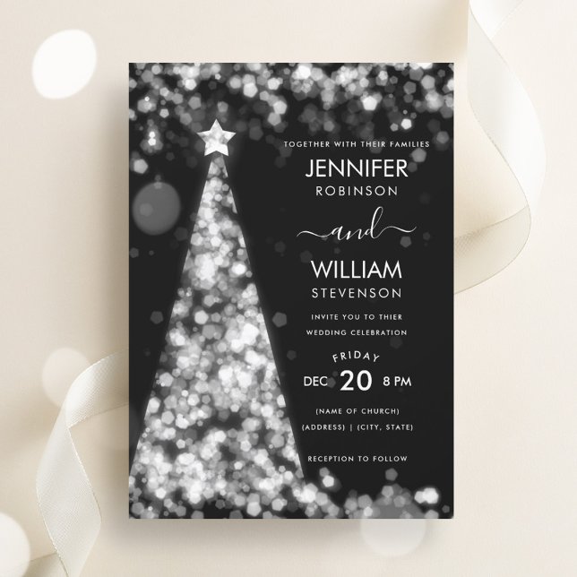 Convite Casamento de Natal de Árvore Festiva Moderna (Modern Festive Silver Tree Christmas Wedding Invitation)