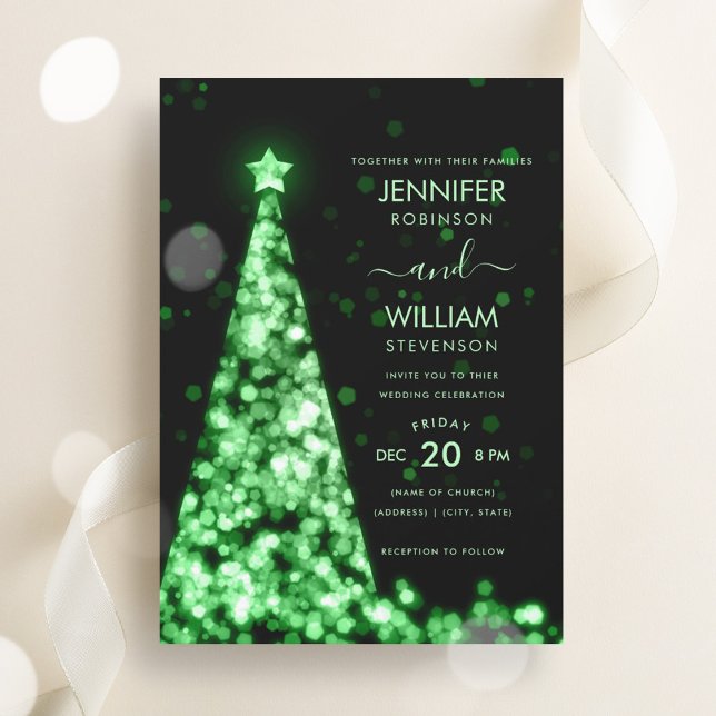 Convite Casamento de Natal de Árvore Verde Festiva Moderna (Modern Festive Green Tree Christmas Wedding Invitation)