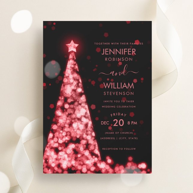 Convite Casamento de Natal de Árvore Vermelha com Script F (Modern Festive Script Red Tree Christmas Wedding Invitation)