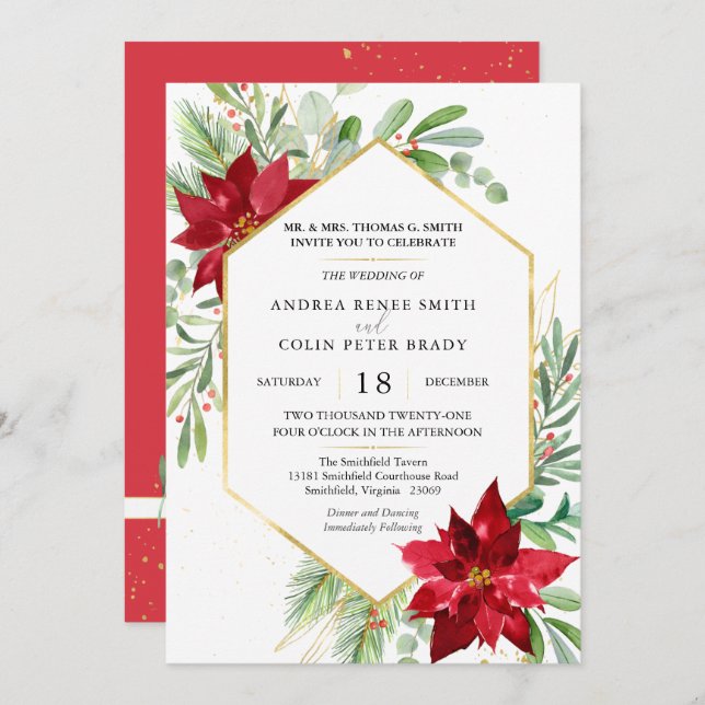 Convite Casamento De Natal De Cor Biológica Verde Em (Frente/Verso)