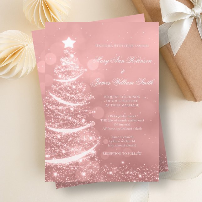 Convite Casamento de Natal de Glam Dourado Elegante Rosa (Elegant Rose Gold Glam Christmas Wedding Invitation)