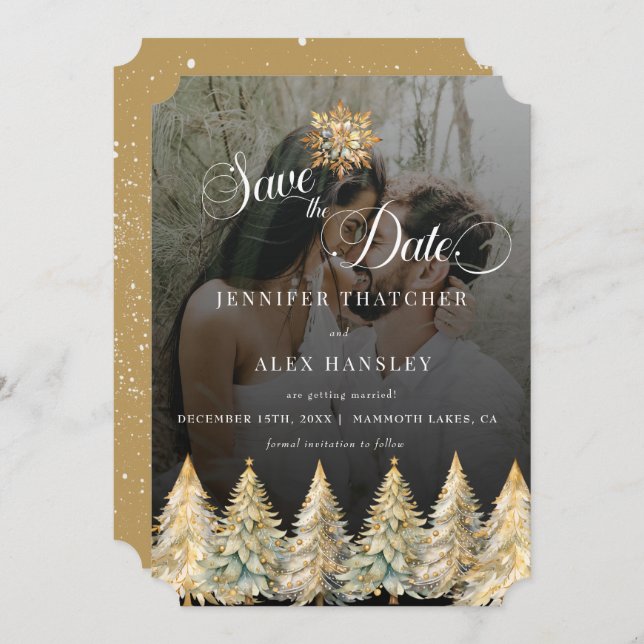Convite Casamento de Natal Dourado Sparkle Salve a Data (Frente/Verso)