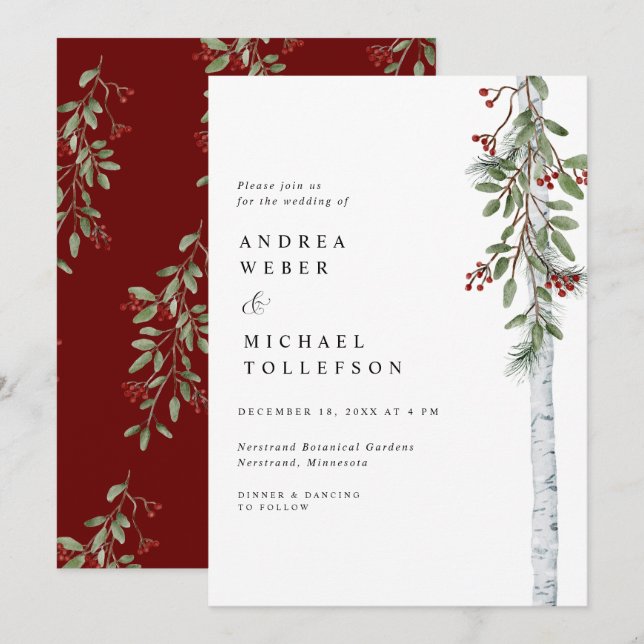 Convite Casamento de Natal elegante Burgundy Greenery (Frente/Verso)
