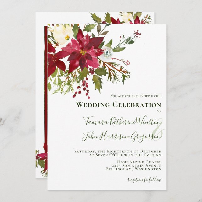 Convite Casamento de Natal Elegante de Poinsettia Vermelha (Frente/Verso)