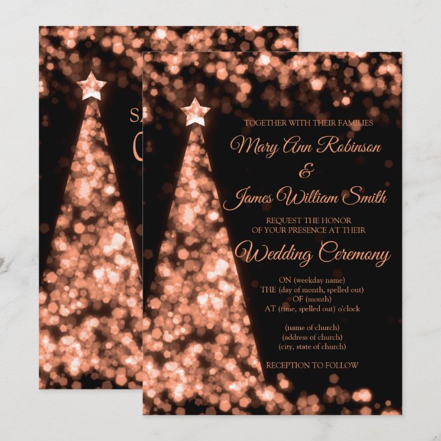 Convite Casamento de Natal Elegante em Dourado Rosado e Pr (Frente/Verso)