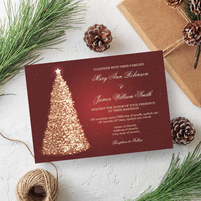 Convite Casamento de Natal Elegante Sparkle Dourado Vermel (Elegant Christmas Wedding Sparkle Gold Red Invitation)