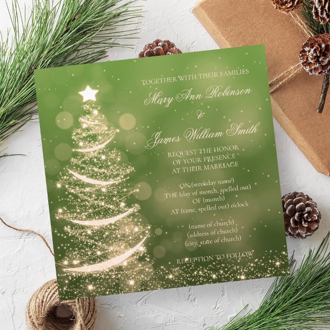 Convite Casamento de Natal Elegante Verde e Dourado (Elegant Green & Gold Christmas Wedding Invitation)