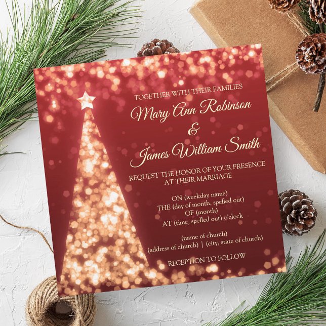 Convite Casamento de Natal Elegante Vermelho e Dourado de  (Elegant Red & Gold Christmas Holiday Wedding Invitation)