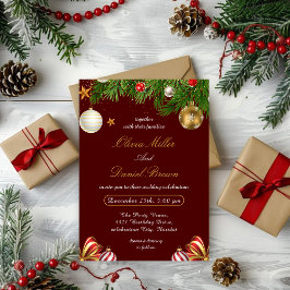 Convite Casamento de Natal elegante vermelho e dourado de 