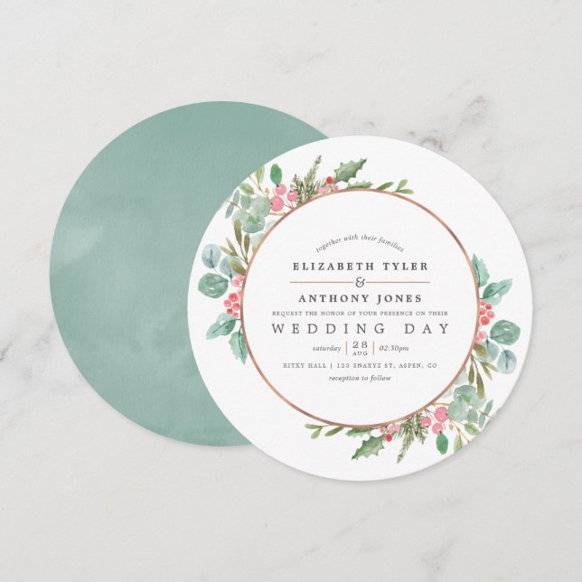 Convite Casamento de Natal em Eucalipto Geométrico Aquarel (Frente/Verso)