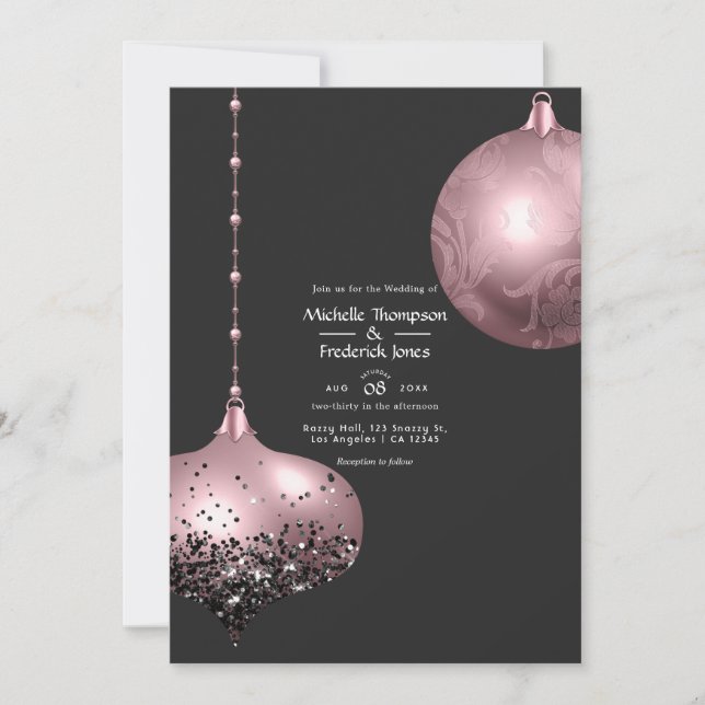 Convite Casamento de Natal em Rose Gold e Rosa Choque (Frente)