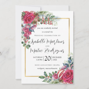Convite Casamento de Natal Floral Branco Vermelho Elegante
