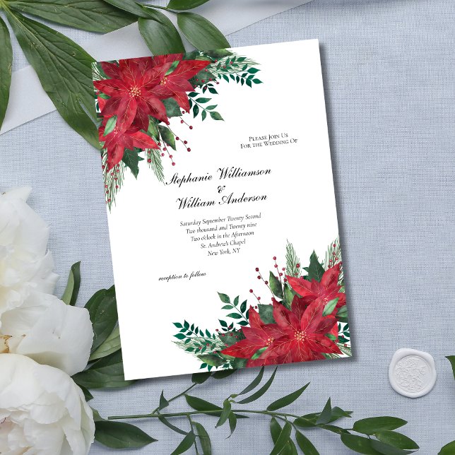 Convite Casamento de Natal Floral de inverno Red Poinsetti (Red Poinsettia Greenery Winter Wedding Christmas Wedding Invitation. Printed or digital download)