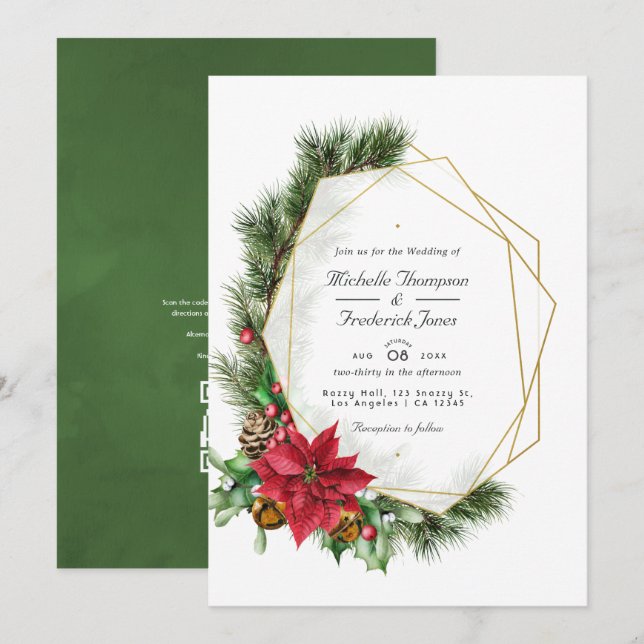 Convite Casamento de Natal Floral Geométrico com Código QR (Frente/Verso)