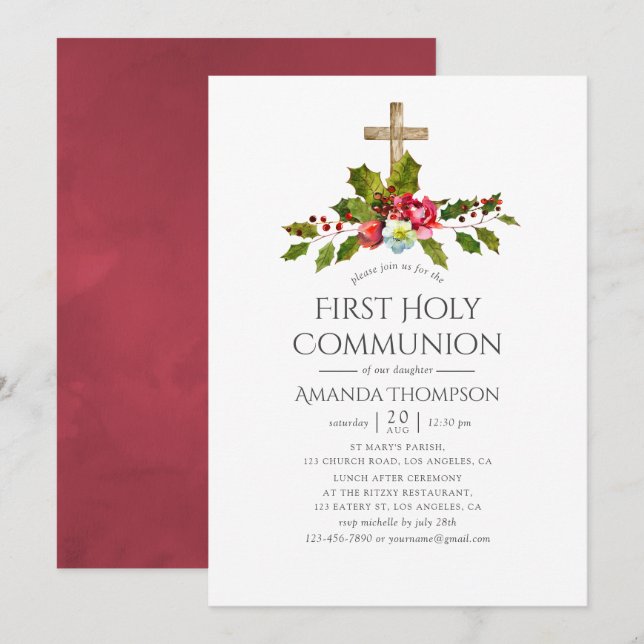 Convite Casamento de Natal Floral Primeira Comunhão (Frente/Verso)