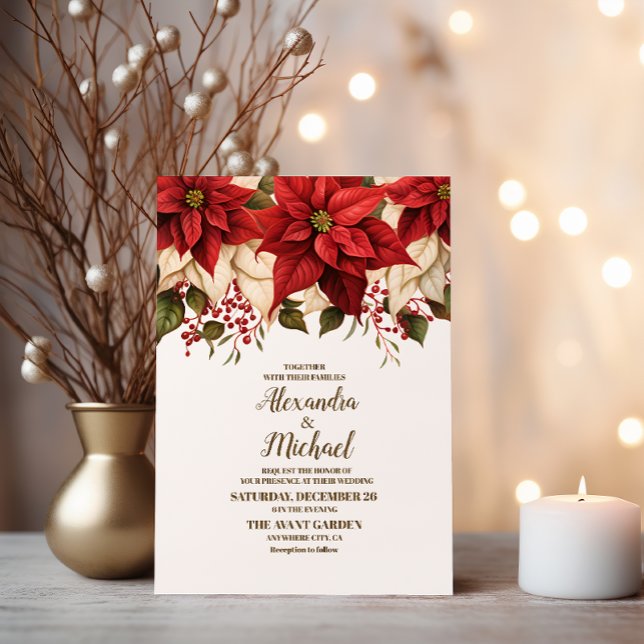 Convite Casamento de Natal Floral Rustic Pine Poinsettia (Criador carregado)