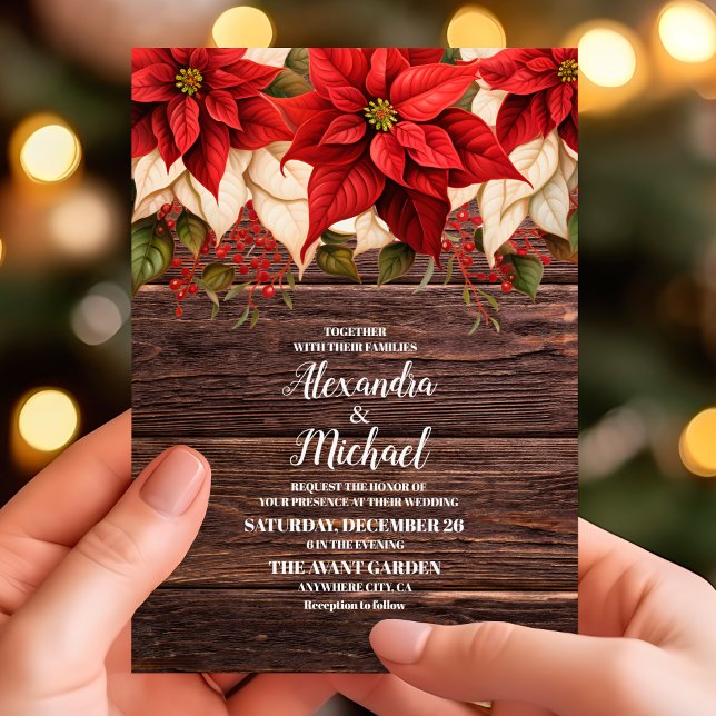 Convite Casamento de Natal Floral Rustic Wood Poinsettia (Criador carregado)
