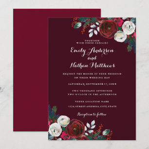 Convite Casamento de Natal Floral Vermelho Elegante Burgun