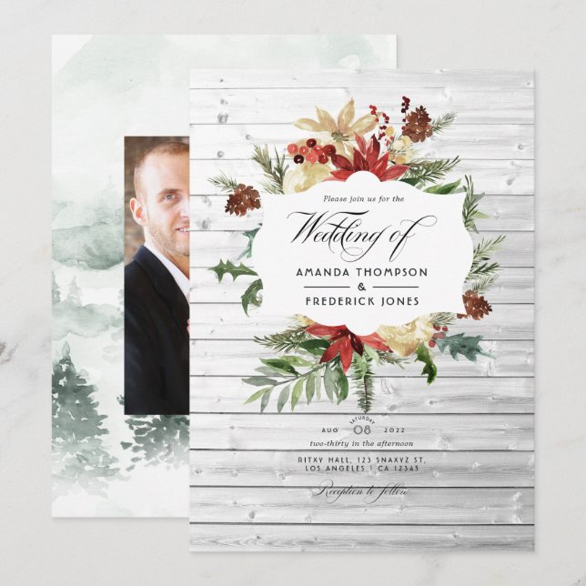 Convite Casamento de Natal Floresta de Inverno Rústico Fot (Frente/Verso)