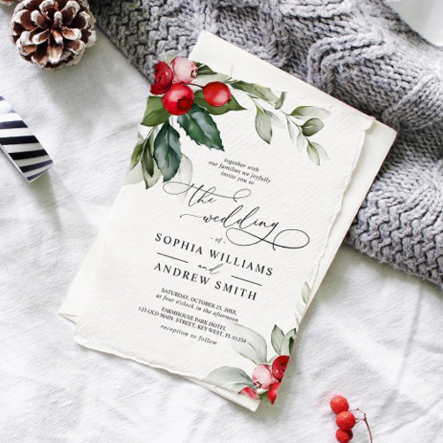 Convite Casamento de Natal Greenery & Red Berries (Christmas Wedding Invitation)