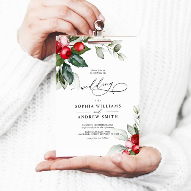 Convite Casamento de Natal Greenery & Red Berries (Christmas Wedding Invitation)