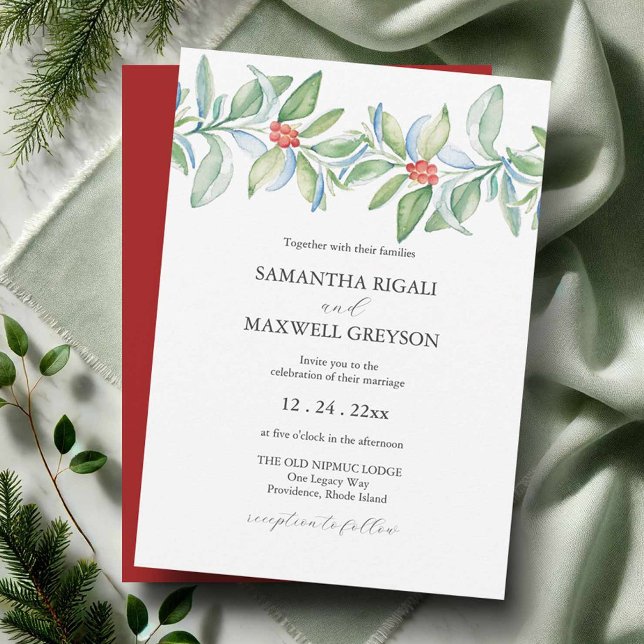 Convite Casamento de Natal Invitation Watercolor Botanical (Watercolor wedding invitations featuring hand painted winter botanical art by Victoria Grigaliunas)