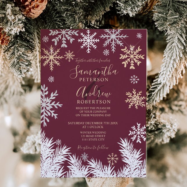 Convite Casamento de Natal moderno com pínus de neve (Modern snowflake pine winter Christmas wedding red Invitation)