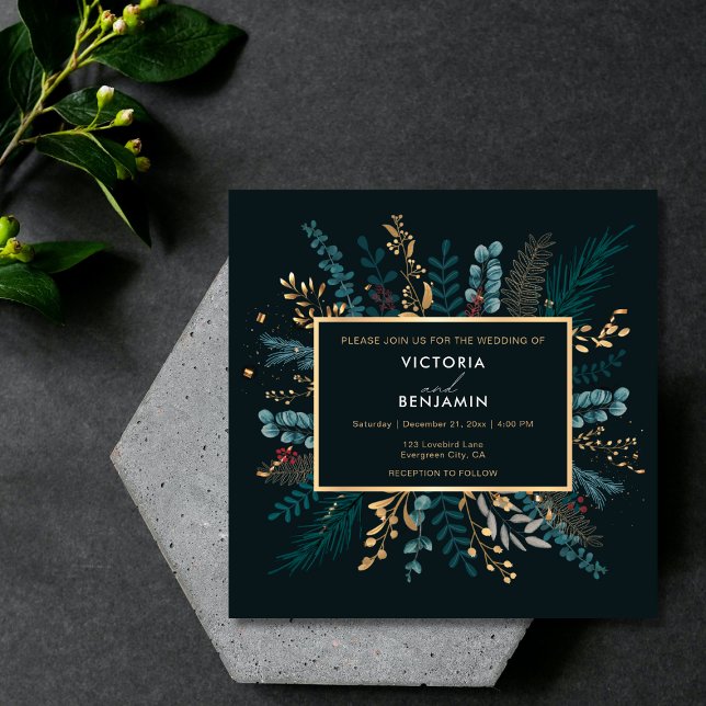 Convite Casamento de Natal Moderno e Botânico elegante (Elegant Botanical Modern Christmas Holiday Wedding Invitation)