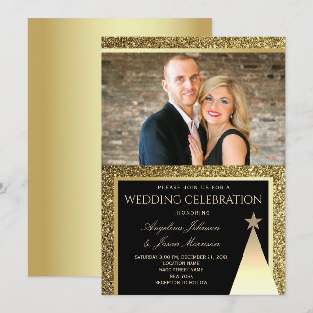 Convite Casamento de Natal Moderno Preto e Dourado (Frente/Verso)