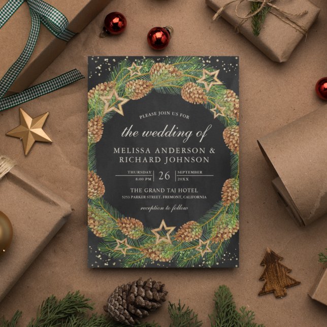 Convite Casamento de Natal Negro da Rua Pine Rustic Cones (Criador carregado)