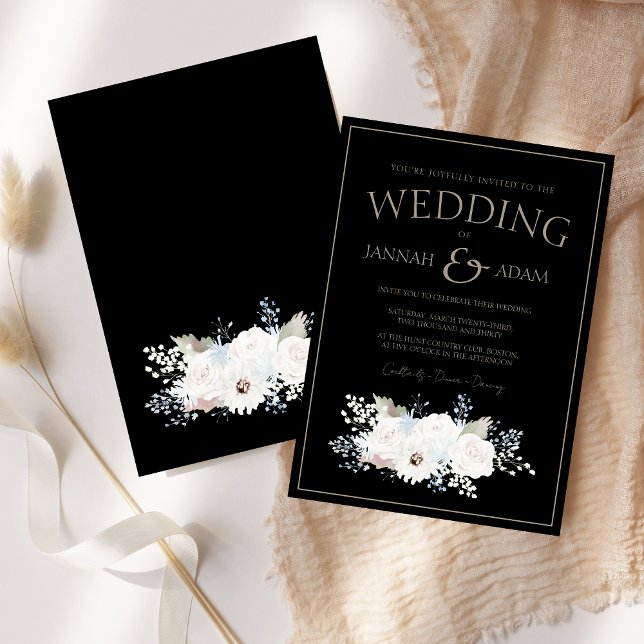 Convite Casamento de Natal Negro e Floral Branca de invern (Winter White Floral and Black Christmas Wedding Invitation)