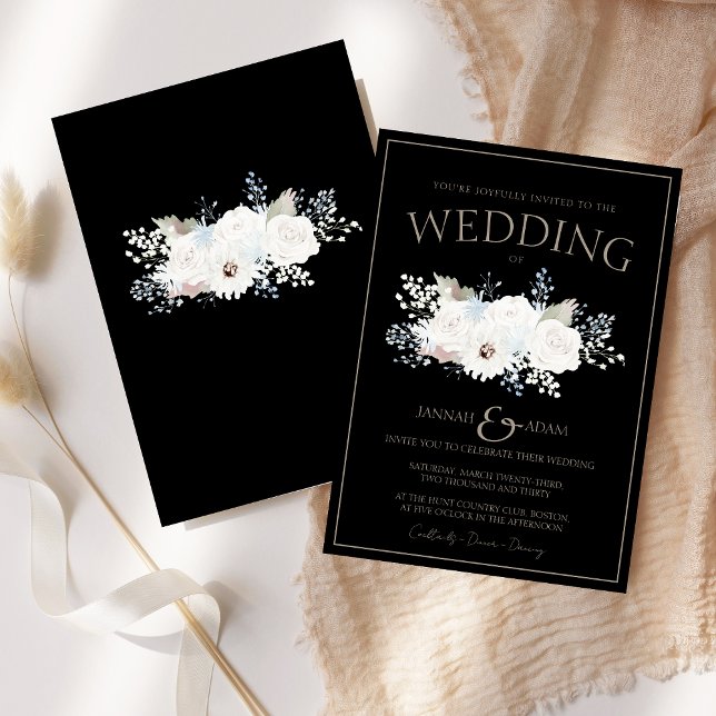 Convite Casamento de Natal Negro e Floral Branca de invern (Winter White Floral and Black Christmas Wedding Invitation)
