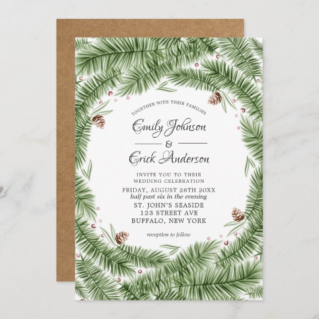 Convite Casamento de Natal Pinecone Kraft, Agulha de Pinec (Frente/Verso)