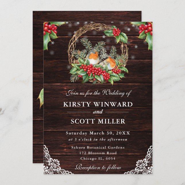 Convite Casamento de Natal Rustic Wood Robin e Holly (Frente/Verso)