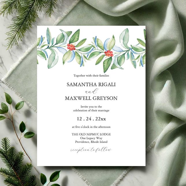 Convite Casamento de Natal Único - Cores de Água (Christmas wedding invitations watercolor botanical art by Victoria Grigaliunas of Do Tell A Belle)