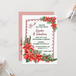 Convite Casamento de Natal vermelho Floral Rustic Poinsett