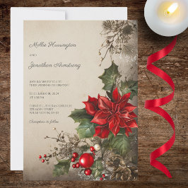 Convite Casamento de Natal Vintage com Pinheiro e Poinsett