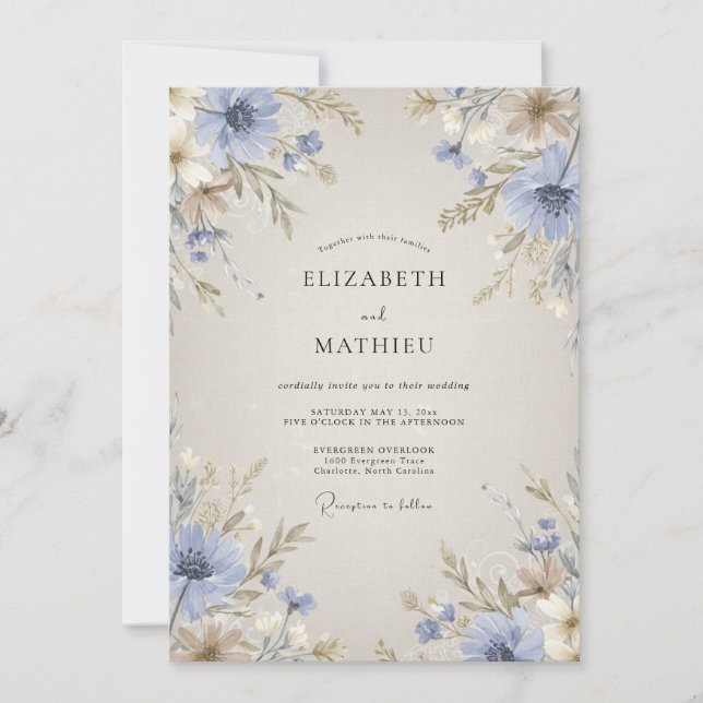 Convite Casamento de Natureza Delicada Azul Centáurea (Frente)