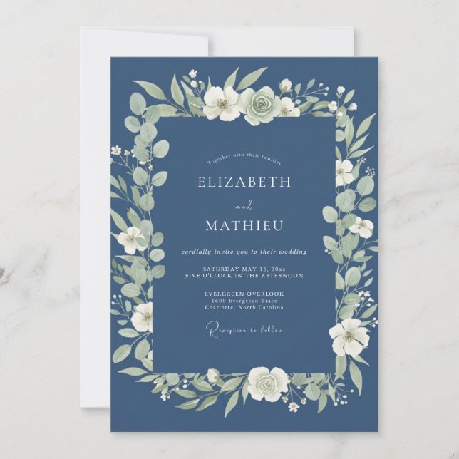 Convite Casamento de Natureza Sedutora Azul Naval (Frente)