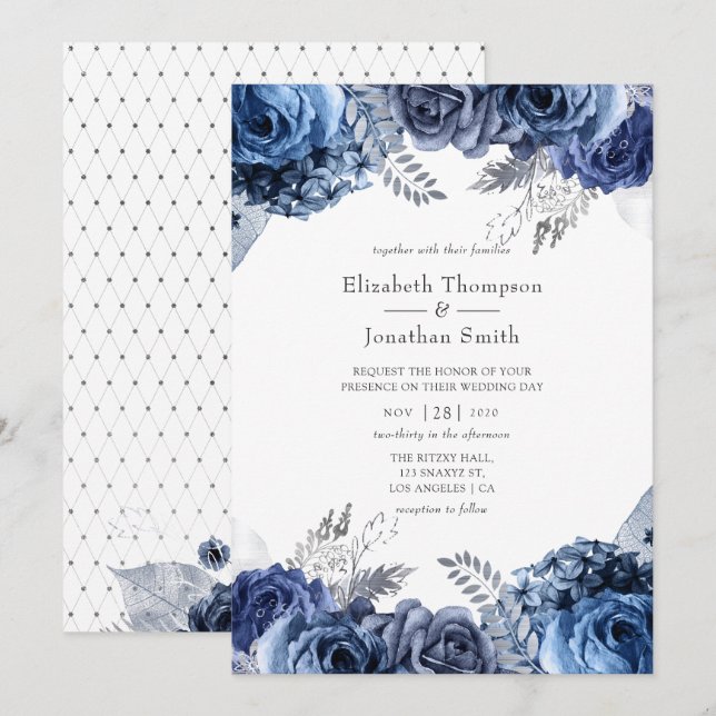 Convite Casamento de Naval e Branco com Floral em Folha de (Frente/Verso)