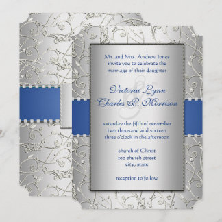 Convite Casamento de Nave de Nave Real de Prata Azul Monog