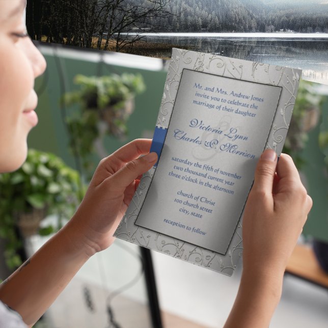 Convite Casamento de Nave de Nave Real de Prata Azul Monog (Criador carregado)