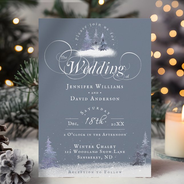 Convite Casamento de Neve Azul Pinheira Dusty Wonderland (A winter wedding invitation with dusty blue and white watercolor pine trees and soft fallen snow.)