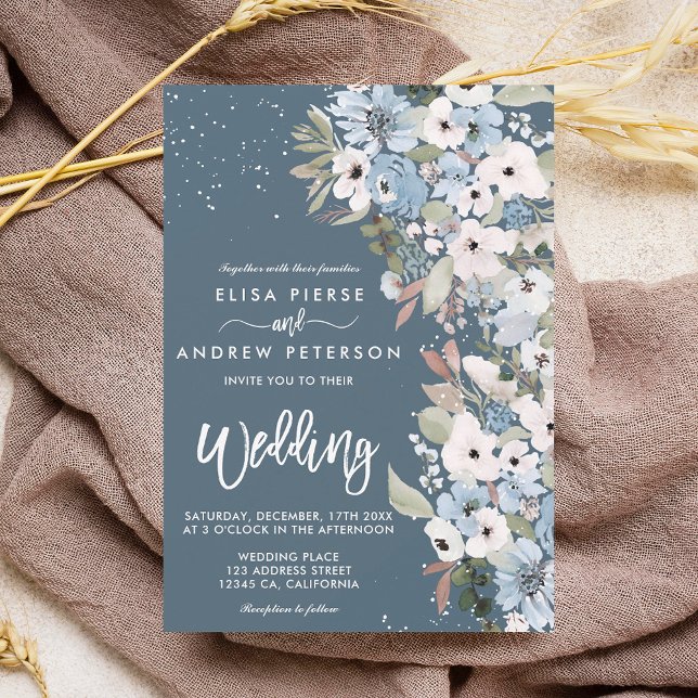 Convite Casamento de neve floral azul-poeirento (Winter dusty blue floral snow wedding invitation on dusty bue)