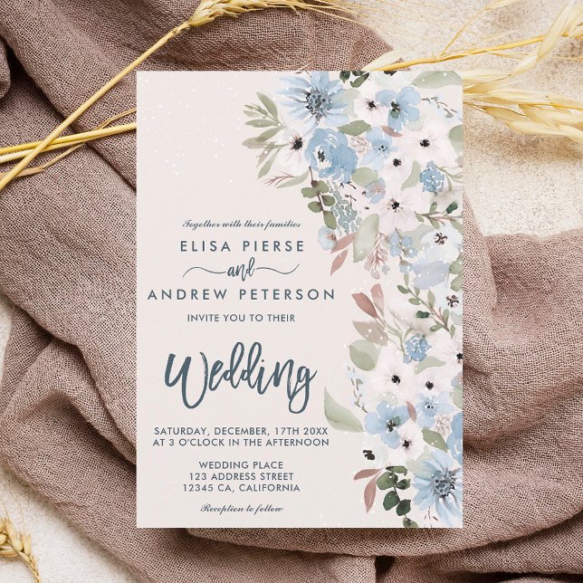 Convite Casamento de neve floral azul-poeirento de inverno (Winter dusty blue floral snow wedding invitation on ivory)