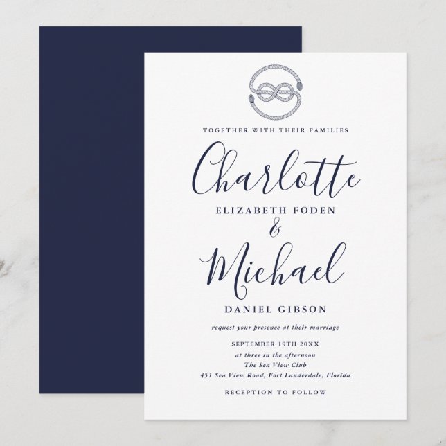 Convite Casamento de Nó Náutico Azul Marinho Script (Frente/Verso)