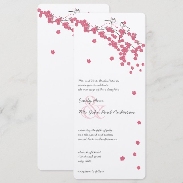 Convite Casamento de Noiva de Cerejeira Rosa Quartzo Rosa (Frente/Verso)
