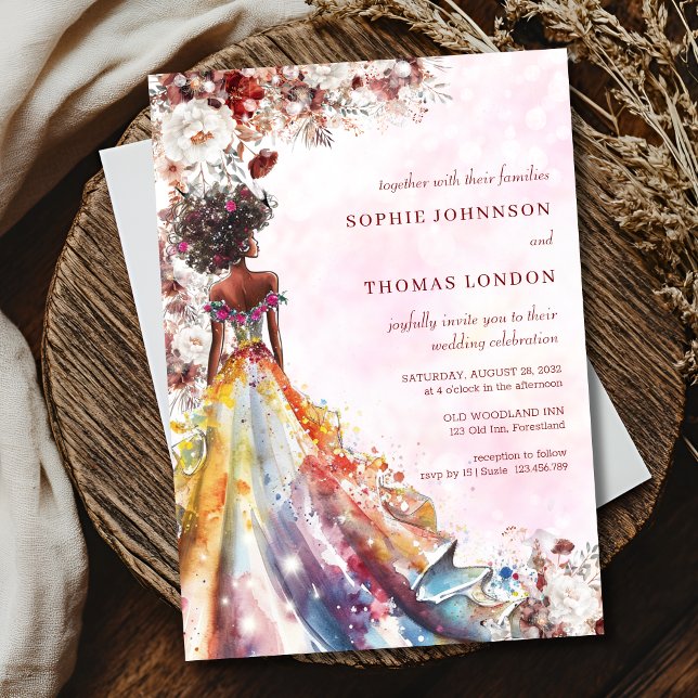 Convite Casamento de noiva negra de flores (Criador carregado)