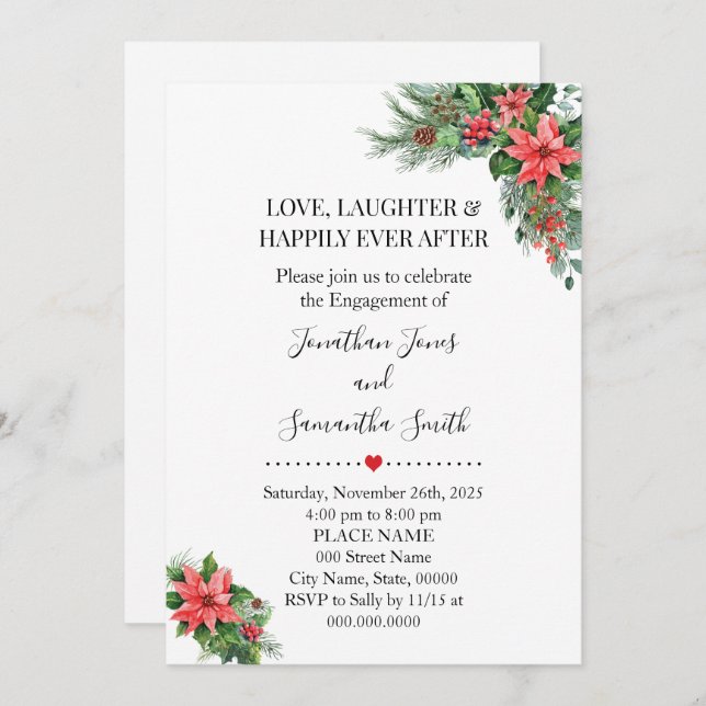 Convite Casamento de Noivado de Poinsettia Feriada de Nata (Frente/Verso)
